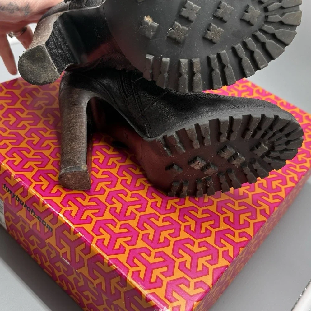 Tory Burch Landers Bootie Black Leather Studded‎ Ankle Boots Chunky Heel Size 7